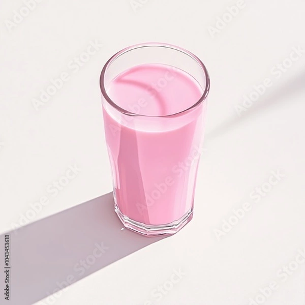 Fototapeta A refreshing glass of pink beverage with a smooth texture, captured with soft shadows on a white background, ideal for summer themes.