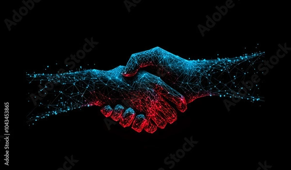 Obraz Digital handshake in low poly wire frame technology background design