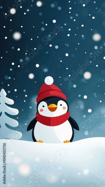 Fototapeta A cheerful cartoon penguin wearing a red hat and scarf stands in a snowy winter landscape, surrounded by snowflakes and a fir tree, creating a delightful seasonal atmosphere.