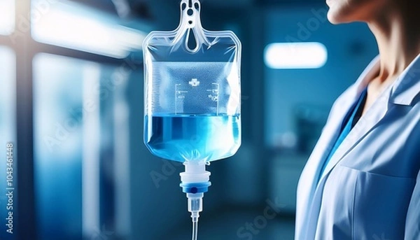 Obraz A clear IV bag filled with a light blue solution hospital in medical place
