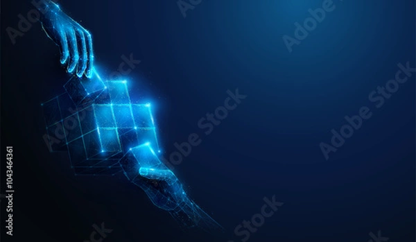 Obraz Abstract illustration of two low poly hands assembling cube. Blue geometric background depicting problem solving, synergy partnership and teamwork concept by wireframe connection structure