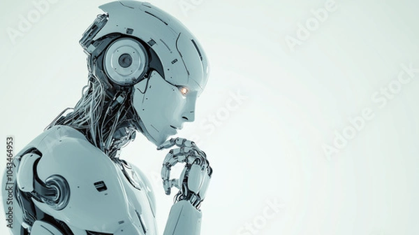 Obraz Close-up of a futuristic humanoid robot in deep thought, featuring sleek, advanced technology and intricate mechanical details, set against a minimalistic white background.