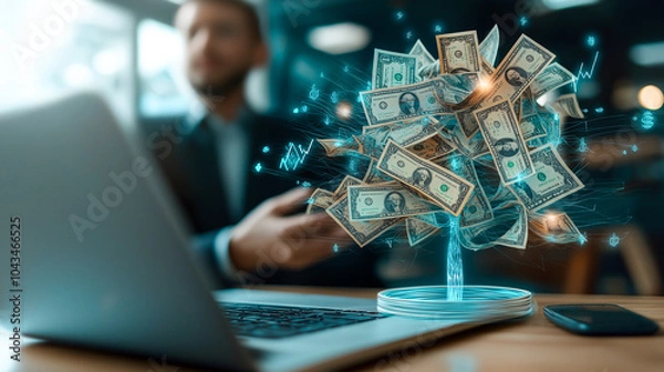 Fototapeta digital money tree with dollar bills as leaves symbolizes financial growth and prosperity, set against blurred office background