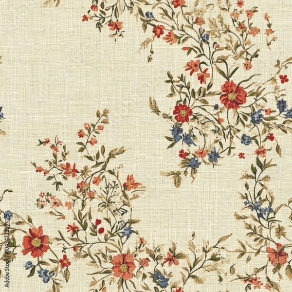 Obraz Vintage tapestry vintage floral frame border on vintage beige fabric background, seamless repeating pattern, textile print style, minimal, tapestry design, seamless vintage floral frame border, home 
