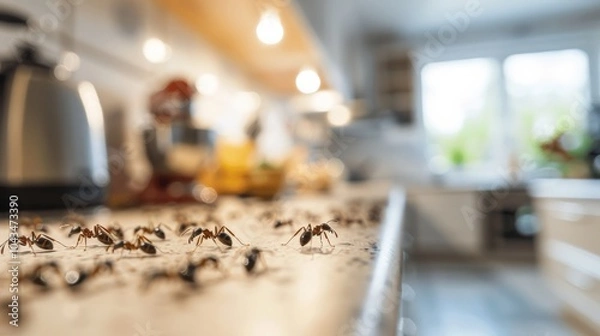 Fototapeta Ants swarm a kitchen countertop in a home during daylight, highlighting a common household pest problem and the need for pest control