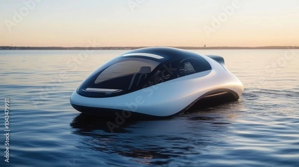Fototapeta Futuristic watercraft glides smoothly over tranquil waters during sunset, showcasing innovative design and advanced technology.