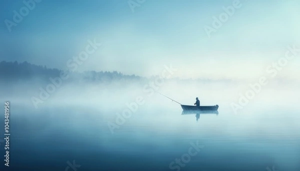 Fototapeta A solitary fisherman in a small boat on a misty lake, surrounded by serene, calm waters and a tranquil atmosphere.