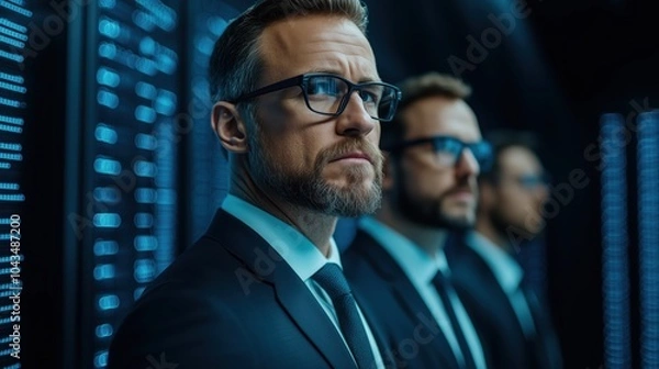 Obraz Three professionals in suits stand vigilant in a high-tech data center illuminated by screens
