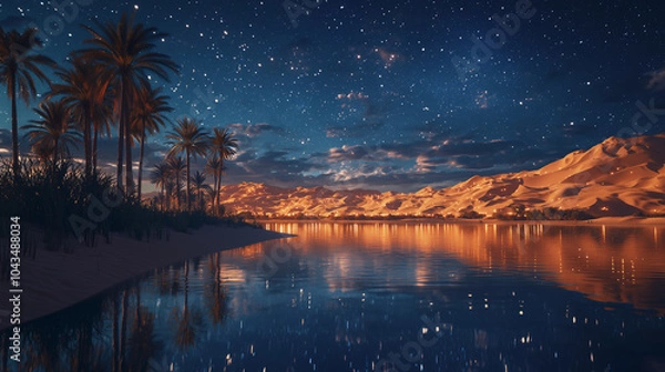Fototapeta Desert oasis at night under a starry sky, with palm trees reflecting in the still waters.