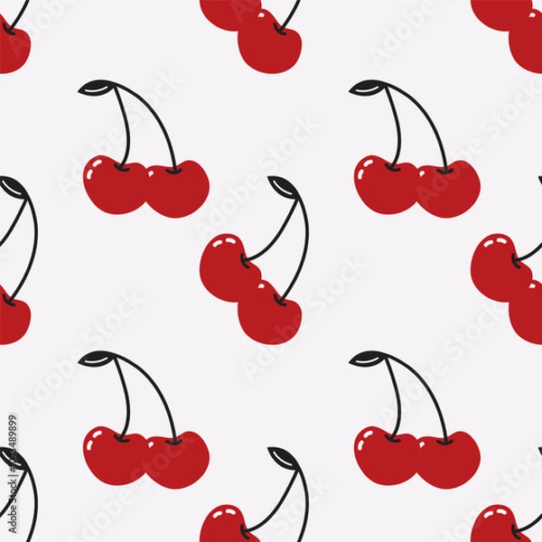 Fototapeta Seamless pattern with red cherry. Cartoon fruit in retro style. Print for wallpaper, paper, wrapping, textiles.