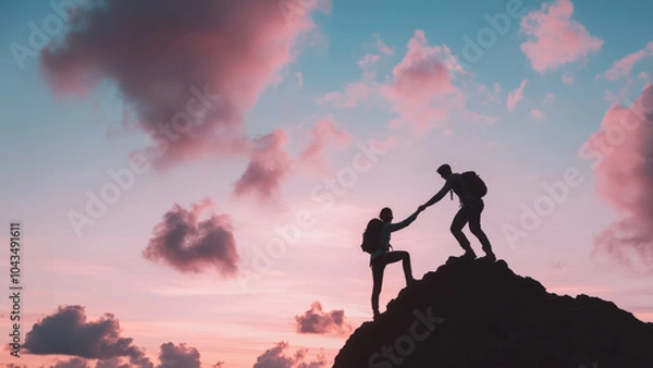 Fototapeta Two hikers climbing a mountain at sunset, one helping the other. Silhouette photography with warm sky background. Teamwork and outdoor adventure concept.