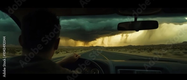 Fototapeta A driver views a dramatic stormy sky while on an empty road, capturing a sense of tension and impending weather.