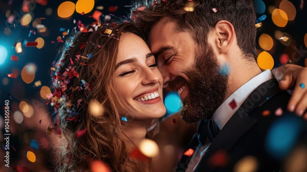 Obraz couple sharing playful moment, smiling at camera amidst colorful confetti, radiating joy and love during celebration