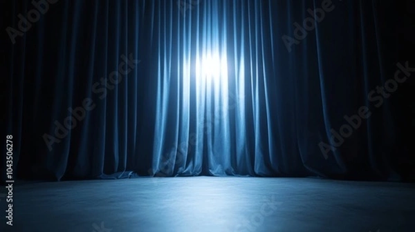 Fototapeta An empty stage with a blue curtain backdrop illuminated by a bright spotlight, perfect for performance or presentation themes...