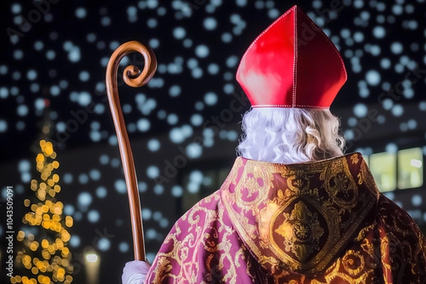 Fototapeta Vue arrière de Saint Nicolas avec crosse dorée dans une ambiance festive
