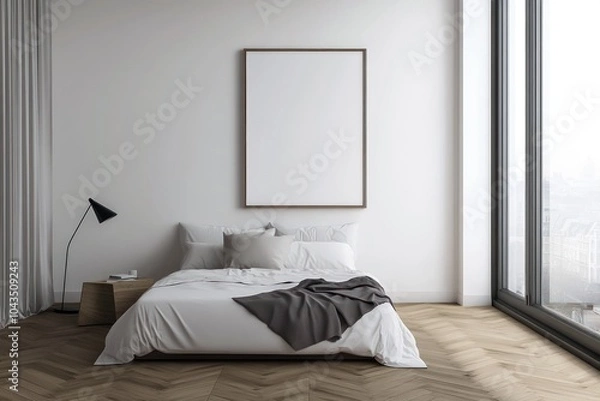 Fototapeta Chambre à coucher moderne avec un lit, un mur blanc et un cadre de poster vide. Design d'un hôtel ou d'un appartement de style scandinave. Chambre minimaliste avec parquet en bois et fenêtre.