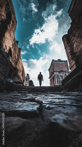 Fototapeta Man walking up ancient stone steps towards blue sky in rome