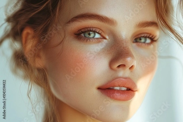 Fototapeta Beautiful young woman posing with natural makeup look and freckles