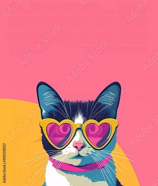Fototapeta Cute cat in sunglasses in retro style on a bright background.Illustration y2k,90s,80s cartoon style