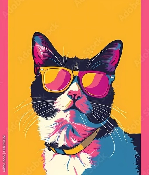 Fototapeta Cute cat in sunglasses in retro style on a bright background.Illustration y2k,90s,80s cartoon style