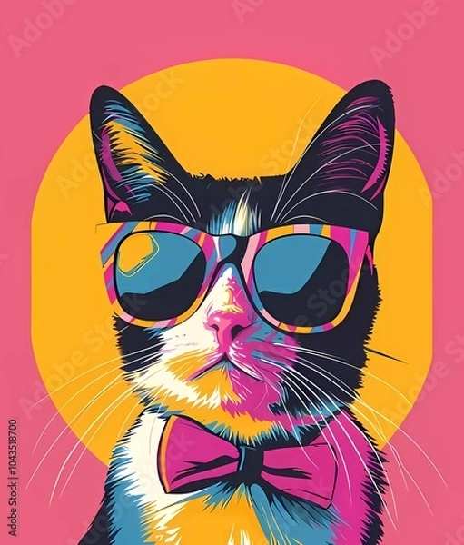 Fototapeta Cute cat in sunglasses in retro style on a bright background.Illustration y2k,90s,80s cartoon style