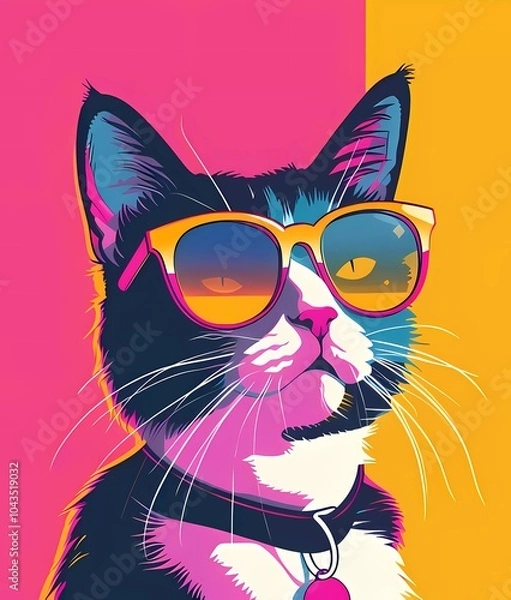 Fototapeta Cute cat in sunglasses in retro style on a bright background.Illustration y2k,90s,80s cartoon style