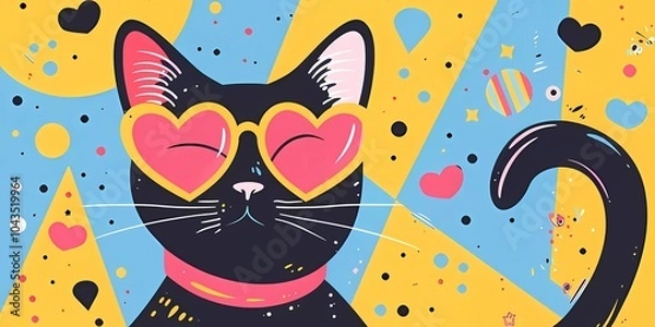 Fototapeta Cute cat in sunglasses in retro style on a bright background.Illustration y2k,90s,80s cartoon style