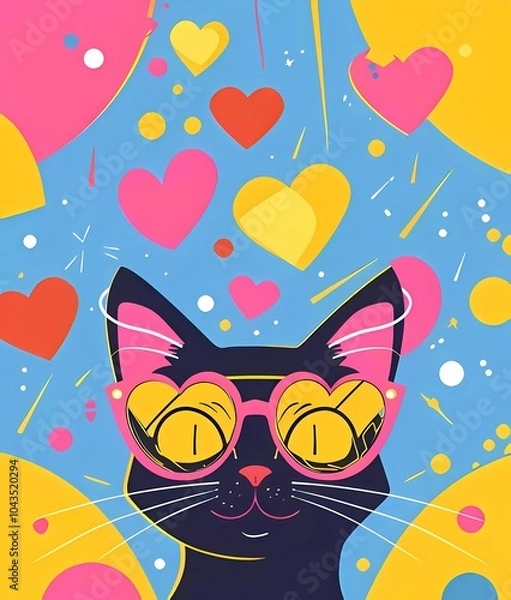 Fototapeta Cute cat in sunglasses in retro style on a bright background.Illustration y2k,90s,80s cartoon style