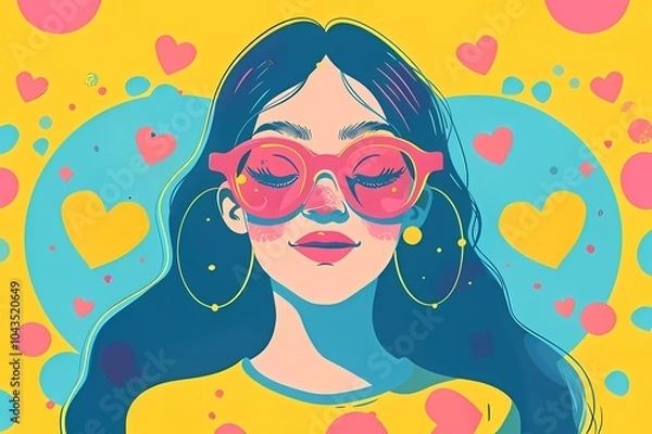 Fototapeta Smiling girl with closed sunglasses in retro style on a bright background with hearts. Illustration yu2k, 90s, 80s cartoon style