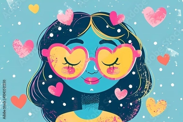 Fototapeta Smiling girl with closed sunglasses in retro style on a bright background with hearts. Illustration yu2k, 90s, 80s cartoon style
