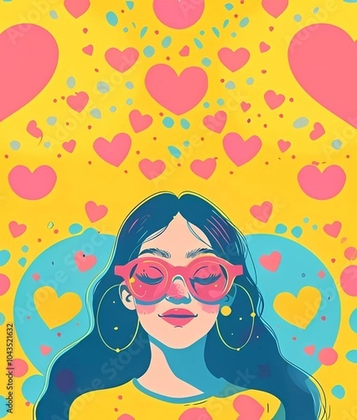 Fototapeta Smiling girl with closed sunglasses in retro style on a bright background with hearts. Illustration yu2k, 90s, 80s cartoon style