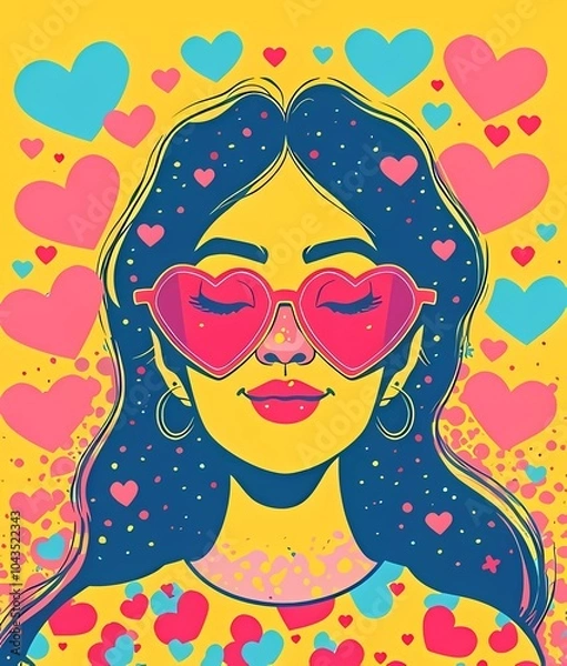 Fototapeta Smiling girl with closed sunglasses in retro style on a bright background with hearts. Illustration yu2k, 90s, 80s cartoon style