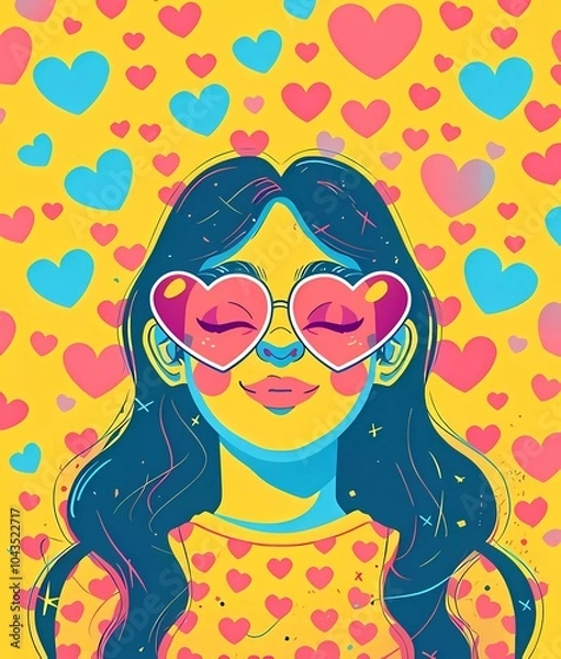 Fototapeta Smiling girl with closed sunglasses in retro style on a bright background with hearts. Illustration yu2k, 90s, 80s cartoon style