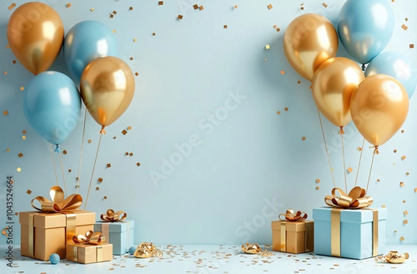 Fototapeta Gift boxes with gold ribbons and balloons on blue wall background. 3D Render