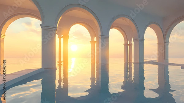 Fototapeta A serene, sunlit architectural view overlooking calm waters on a tranquil morning, highlighting arches and reflections in a coastal location. Coastal Archway. Illustration