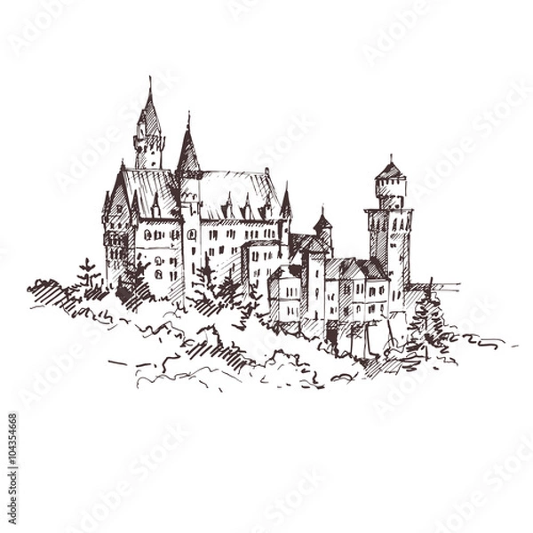 Fototapeta Hand drawn famous old Castle, Germany. Vector illustration.