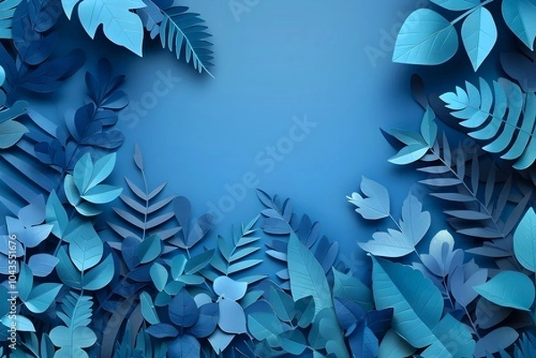 Fototapeta A frame made of paper cut leaves on a blue background