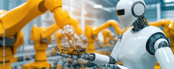 Fototapeta Futuristic AI Factory, advanced robotic arms assembling intricate machinery, showcasing the pinnacle of automation and efficiency in industry