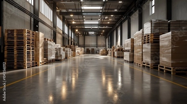 Obraz Modern warehouse interior, stacked pallets, efficient layout, clean and organized