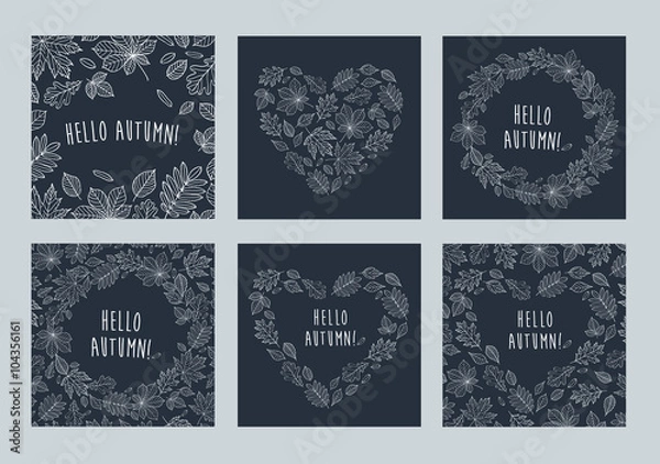 Fototapeta Hello autumn! Set of images of leaves of different trees. Fall of the leaves. Hearts and wreath composed of white autumn line art leaves on dark background. Sketch, design elements. Vector.