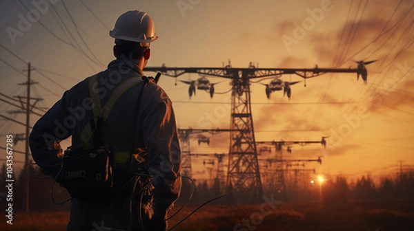 Fototapeta Power Line Maintenance with Drones at Sunset