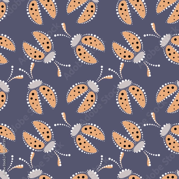 Fototapeta Seamless vector pattern with insects, chaotic background with pastel decorative closeup ladybugs,  on the blue backdrop. Series of Animals and Insects Seamless Patterns.