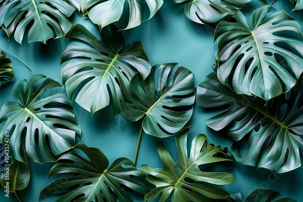 Fototapeta A bunch of green leaves sitting on top of a blue surface