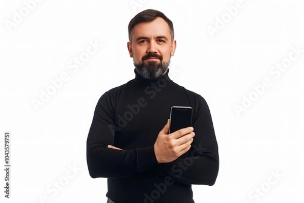Fototapeta Middle aged man with a beard and a black turtleneck is holding a smartphone and crossing his arms