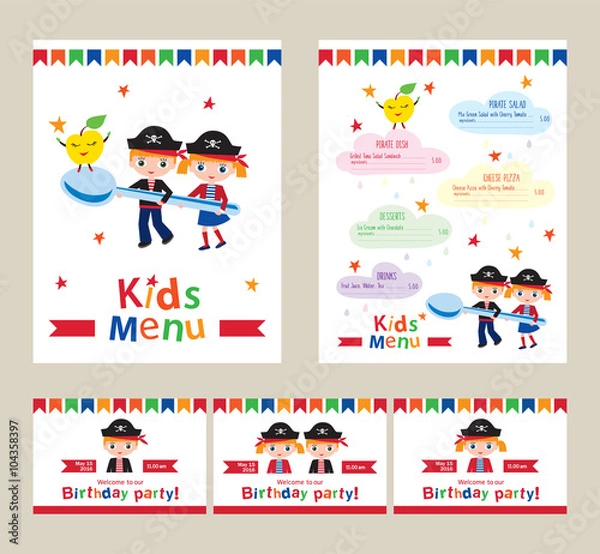Fototapeta Kids menu vector template. Kids menu for a pirate birthday party. Invitation to a children's party. Pirate birthday. Menu for cafes, restaurants. Cover for children's menu. Sketch for your design.