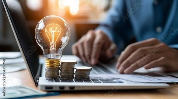 Fototapeta Innovation Finance, light bulb on coins, laptop, person typing, concept of idea generation and financial growth.