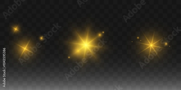 Fototapeta Set of glowing bright stars, flare of sunshine with rays, starburst with brilliance, yellow glowing light burst on a transparent background, golden light effect, yellow rays, vector illustration.