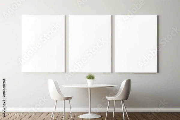 Obraz A minimalist dining setup featuring two white chairs, a small table, and three blank canvases on a neutral wall