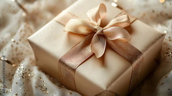 Fototapeta Soft Cream-Colored Background Featuring a Single Elegant Gift Box with Ribbon