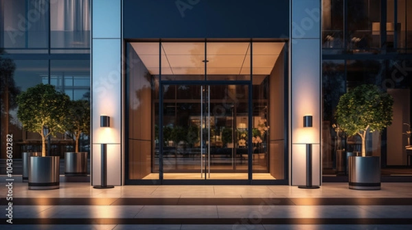 Obraz Luxury Building Entrance with Warm Lighting and Potted Trees at Night